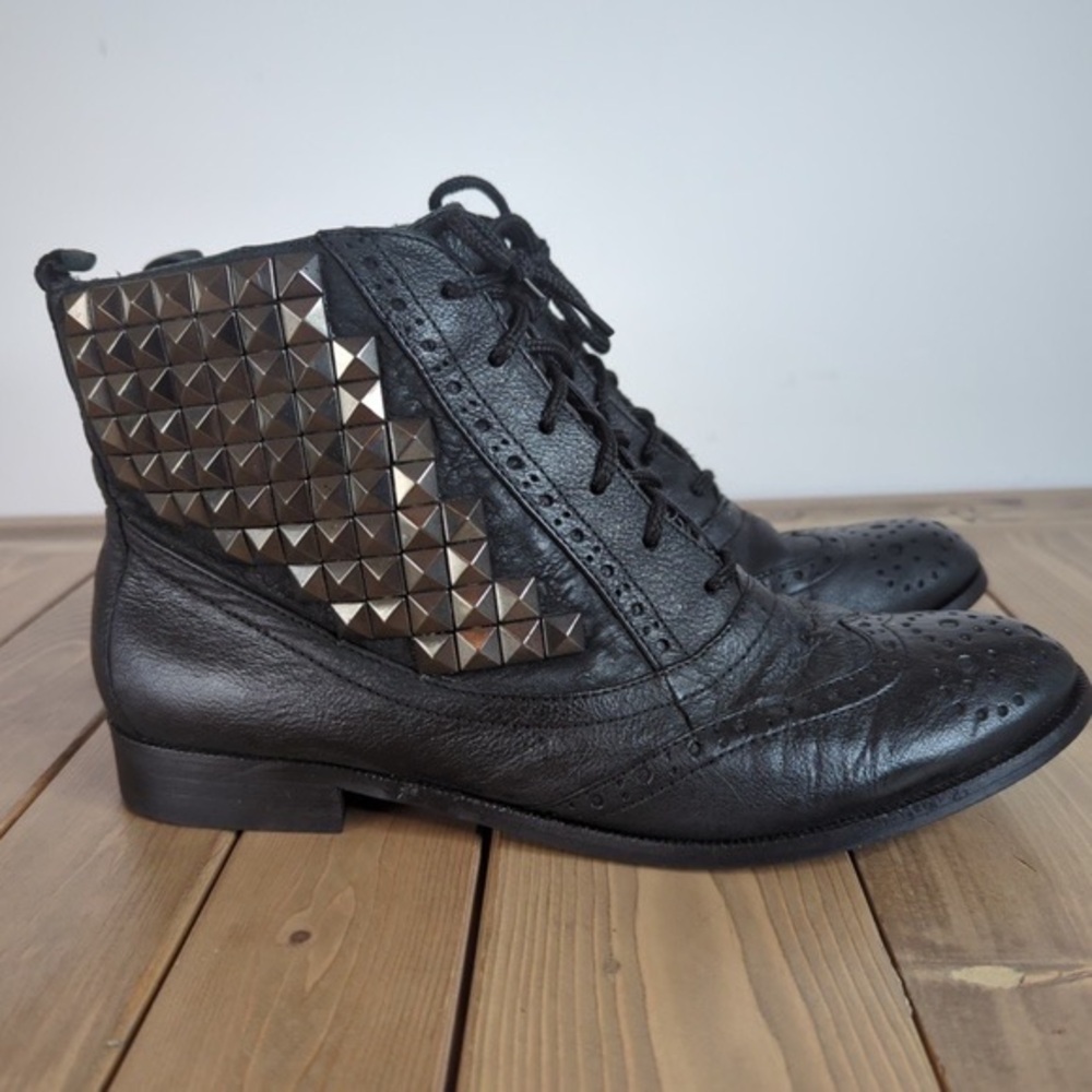 Sam Edelman Womens Black Leather Studded Wingtip Ankle Boots